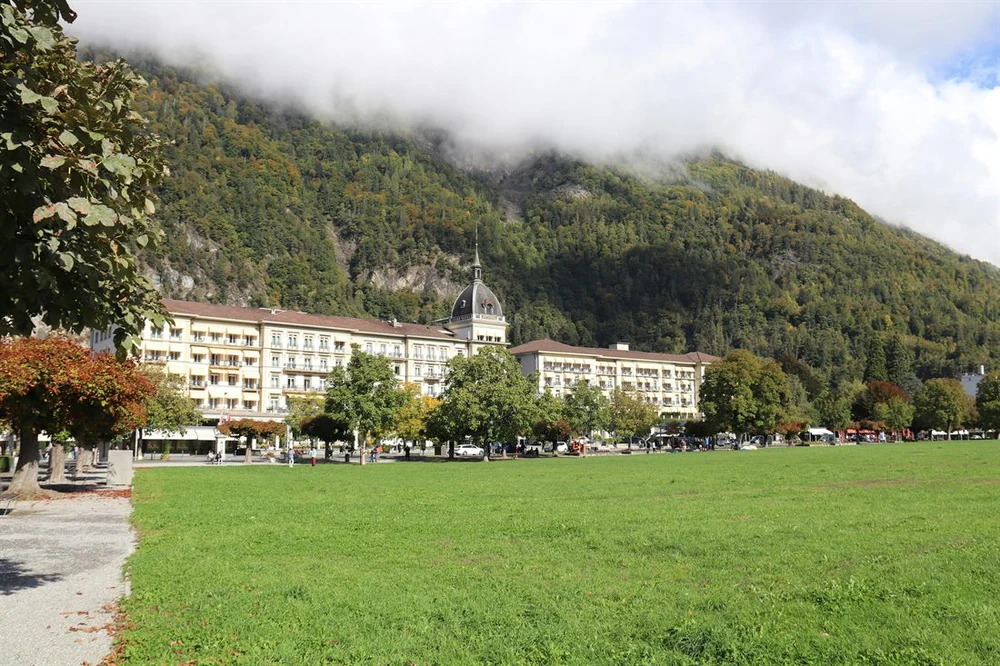 Swiss alpine town and mountains