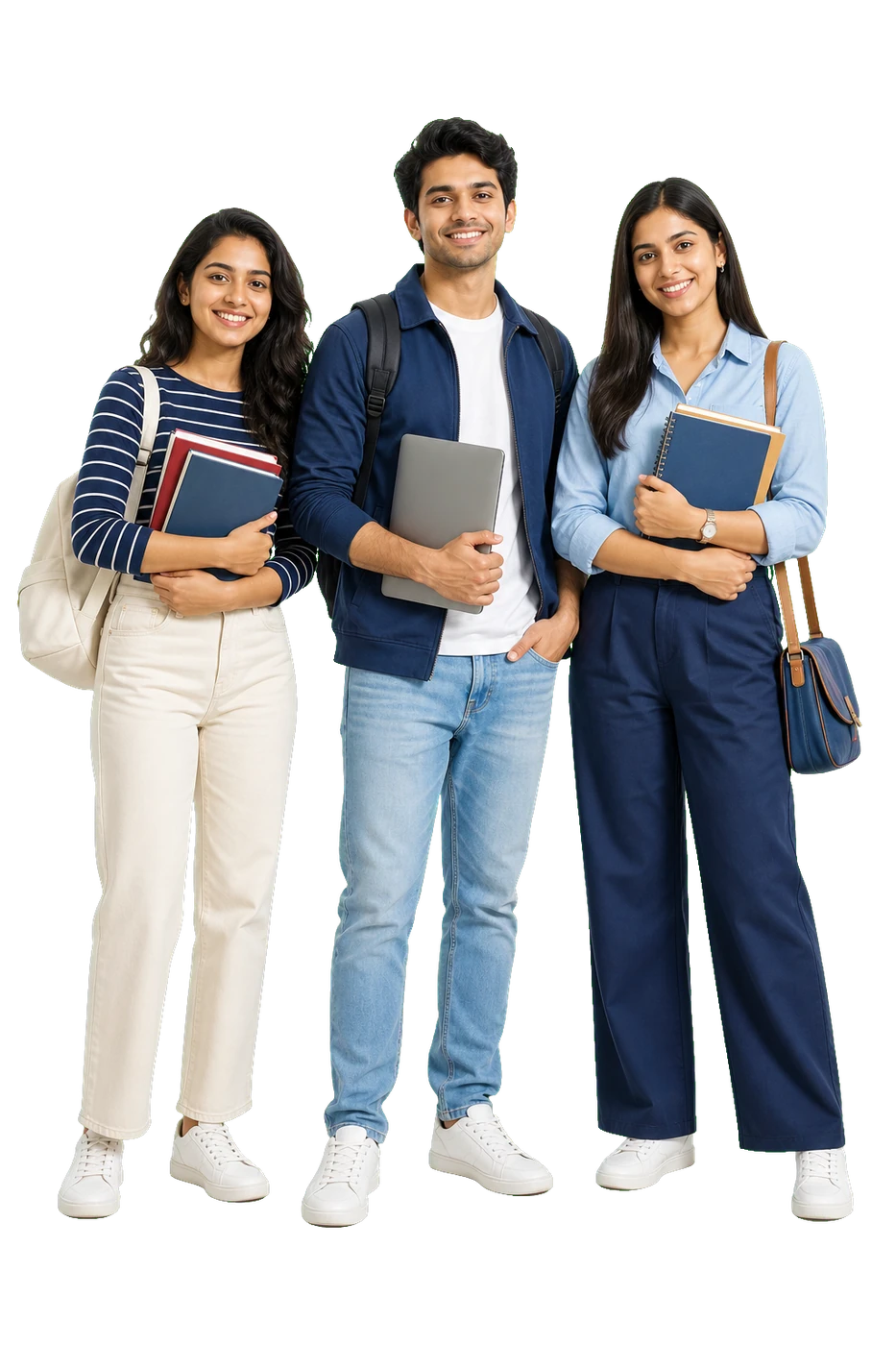 Three Indian university students holding study materials