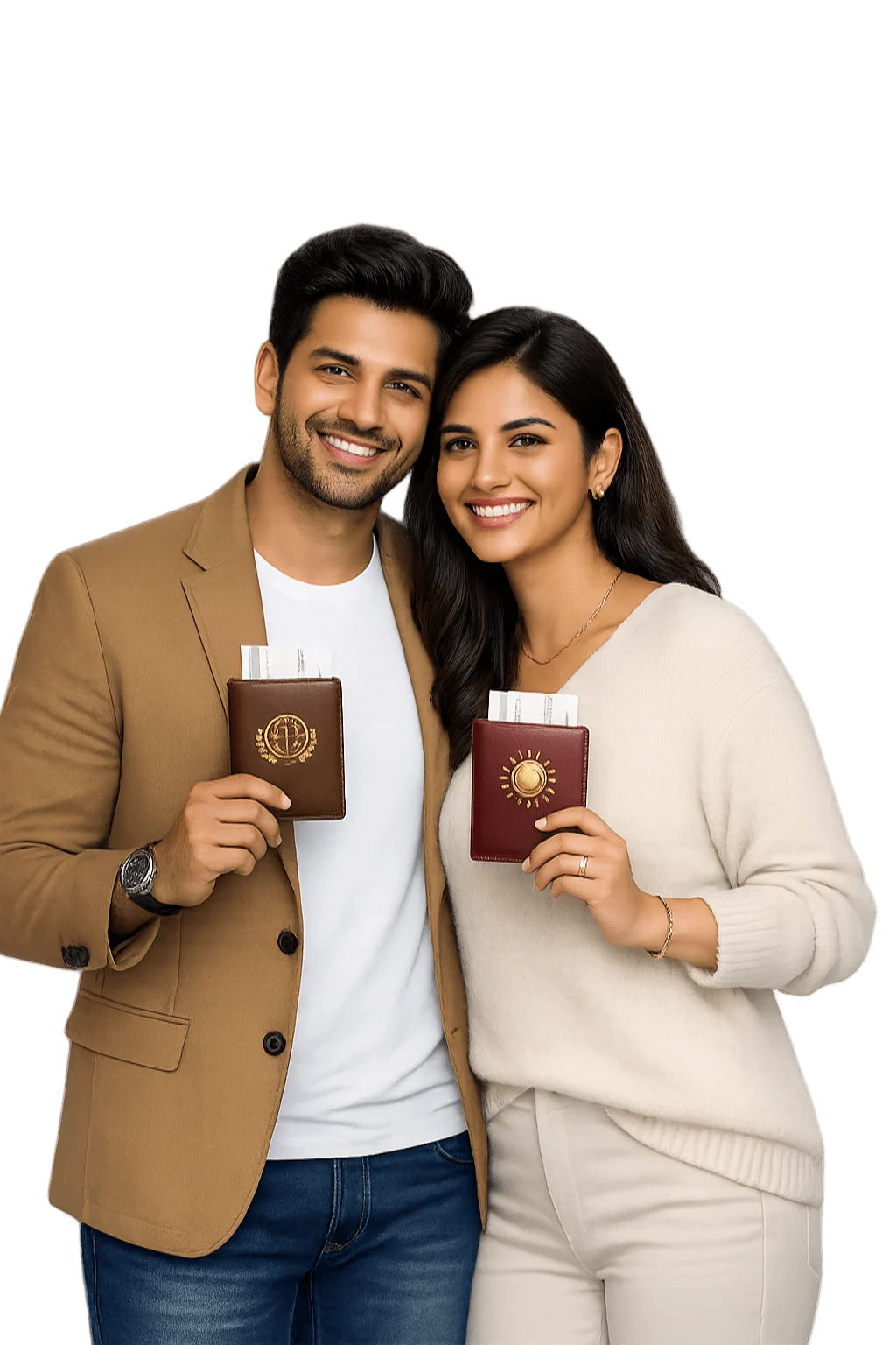 Smiling Indian couple holding their passports, ready to travel