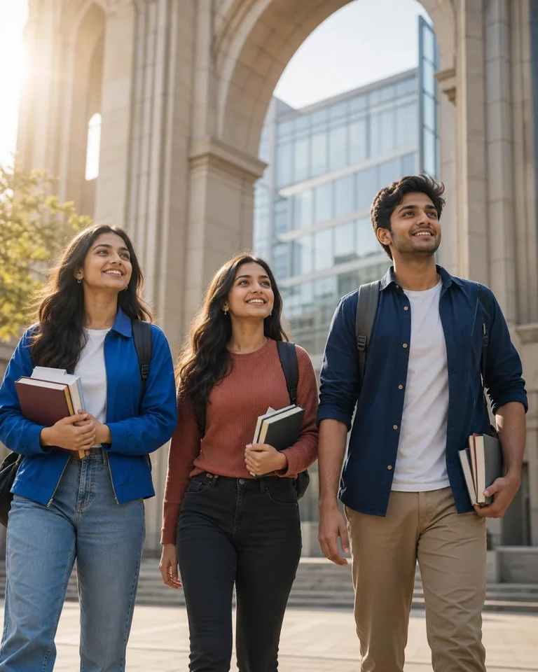 Three smiling students walking toward a university campus